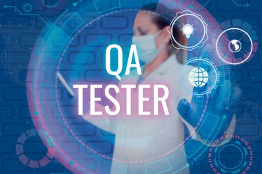 El yazısı imzası Qa Testçi, devam eden bir projenin Kavramsal Fotoğraf Kalite Güvencesi Üniformalı Hemşire yukarı doğru gösteren küresel yenilikçi düşünceyi temsil ediyor.