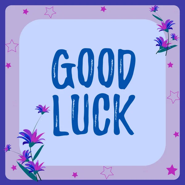 Hand writing sign Good Luck, Word for A positive fortune or a happy outcome that a person can have Frame Decorated With Colorful Flowers And Foliage Arranged Harmoniously.