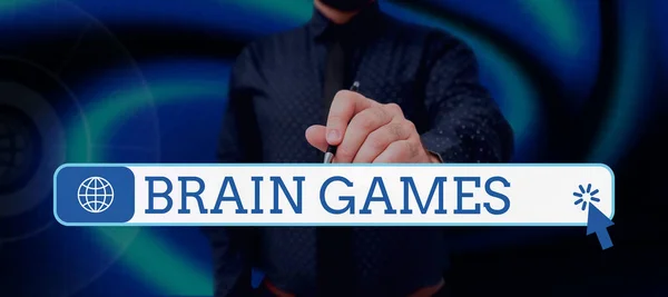 Writing displaying text Brain Games, Concept meaning psychological tactic to manipulate or intimidate with opponent Lady in suit holding pen symbolizing successful teamwork accomplishments.