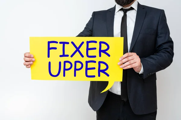 Χειρόγραφο Κείμενο Fixer Άνω Επιχείρηση Προσέγγιση Σπίτι Που Χρειάζονται Επισκευές — Φωτογραφία Αρχείου