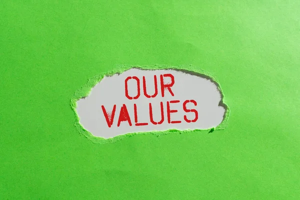 Текстовые Подписи Представляющие Наши Ценности Слова Написанные Списке Моральных Компаний — стоковое фото