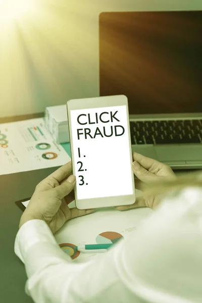 Tekst Weergeven Click Fraud Business Idee Praktijk Van Herhaaldelijk Klikken — Stockfoto