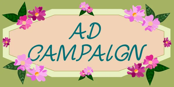 広告キャンペーンを提示テキストキャプション カラフルな花や葉で飾られたインターネットフレームを介して特定の製品やサービスの促進のための単語が調和的に配置 — ストック写真
