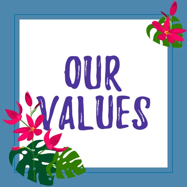 Texto Mostrando Inspiração Nossos Valores Lista Conceitos Negócios Empresas Moral — Fotografia de Stock
