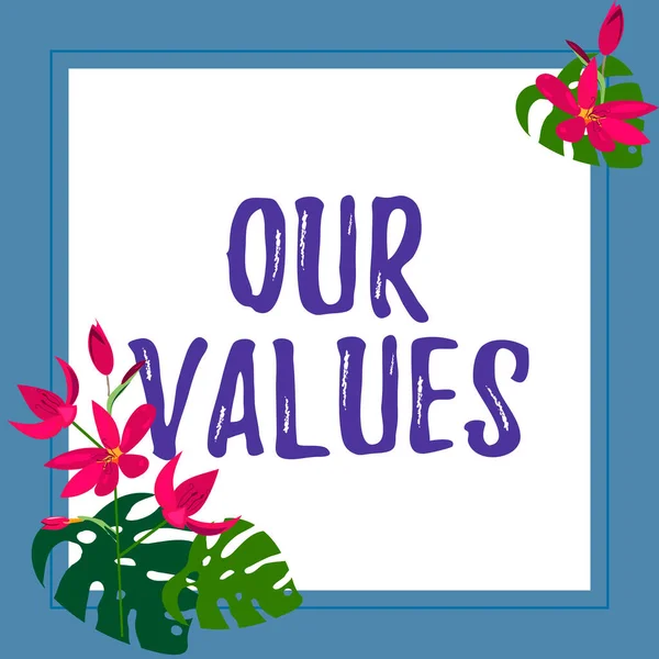 Text showing inspiration Our Values, Business concept list of morals companies or individuals commit to do them Frame Decorated With Colorful Flowers And Foliage Arranged Harmoniously.