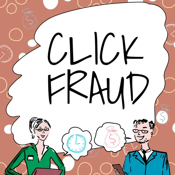 Text sign showing Click Fraud, Internet Concept practice of repeatedly clicking on advertisement hosted website Team Members Looking At Whiteboard Brainstorming New Solutions.