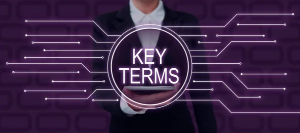 Writing displaying text Key Terms, Business idea Words that can help a person in searching information they need Lady in suit holding pen symbolizing successful teamwork accomplishments.