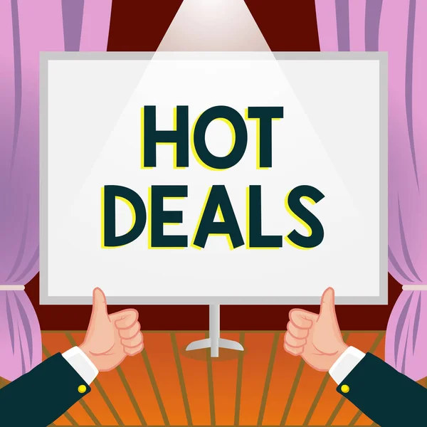 Texto Que Mostra Inspiração Hot Deals Vitrine Negócios Acordo Através — Fotografia de Stock