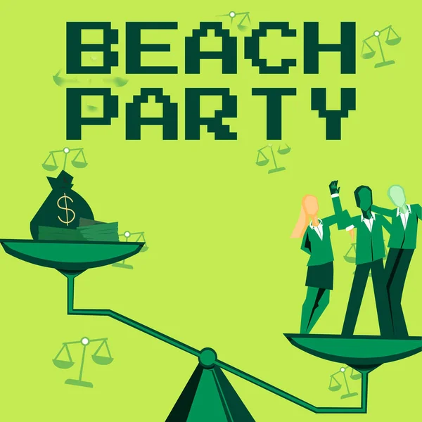 Handwriting text Beach Party, Conceptual photo small or big festival held on sea shores usually wearing bikini Colleagues achieving teamwork accomplishing successful financial gain.