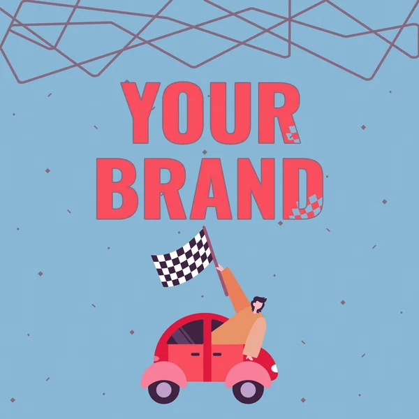 手写签名你的品牌 概念性照片任何一种名字 从汽车比赛走向成功的未来 都会对商标商人挥动横幅产生影响 — 图库照片