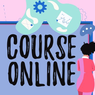 Metin başlığı, kurs Çevrimiçi, İnternet Konsepti eLearning Electronic Education Uzaktan Eğitim Uzaktan Dijital Sınıf İşkadını iş teklifini ve kuruldaki güncellemeleri sunar.