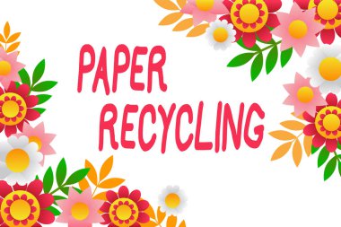 El yazısı Kağıtları Geri Dönüşüm, Kavramsal Fotoğraf Atık Kağıtları Renkli Çiçekler ve Yapraklar ile süslenmiş çerçeveyi yeniden düzenleyerek yeni bir şekilde kullanmak.