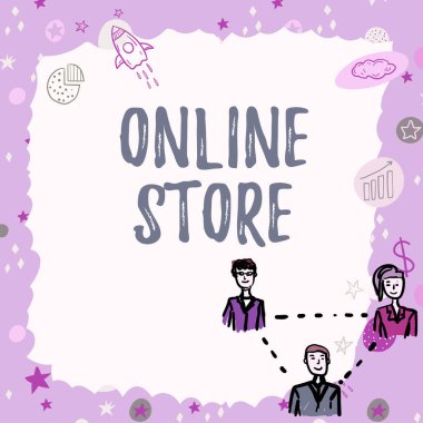 El yazısı imzası Online Store, Business idea. Satılık öğeler sunan ve kredi kartı kabul eden bir web sitesi. Boş çerçeve şirket çalışanlarını temsil ediyor..