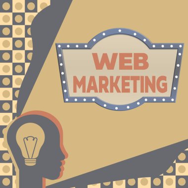 İlham verici Web Pazarlama, İş Genel Görünümü Elektronik Reklamları İnternet Satıcısı Başlığı ile Işık Veren Teknoloji Fikirleri Olan Ampulleri Gösteren Metin.