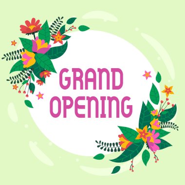 Büyük Açılışı gösteren tabela, Yeni İşletmeler İçin Sözcük İlk Resmi Günü Soyut Çerçevelenmiş Formlar Çiçekler ve Yeşilliklerle süslenmiş Boş Çerçeve Açılıyor.