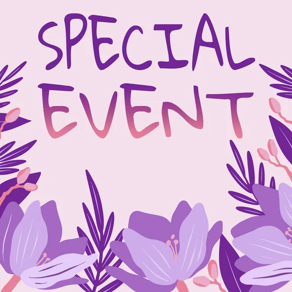 Text caption presenting Special Event, Word Written on Function to generate money for non profit a Crowded Occassion Frame Decorated With Colorful Flowers And Foliage Arranged Harmoniously.