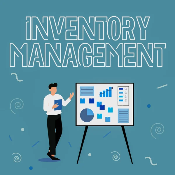 Writing displaying text Inventory Management. Business idea Overseeing Controlling Storage of Stocks and Prices Businessman Drawing Standing Presenting Ideas For Their Success.