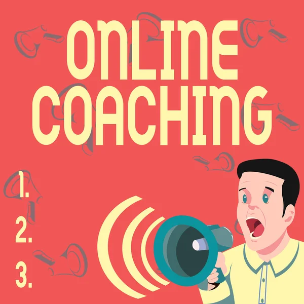 Conceptual caption Online Coaching, Word for Learning from online and internet with the help of a coach Businessman Talking Through Megaphone Making Wonderful New Announcement