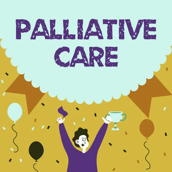 Hand writing sign Palliative Care. Business overview specialized medical care for showing with a serious illness Man Holding Trophy Celebrating Performance Surrounded With Balloons.