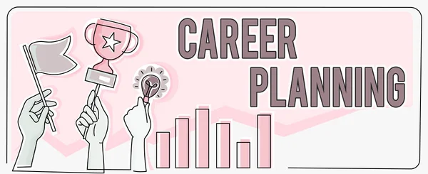 Text sign showing Career Planning, Word for Strategically plan your career goals and work success Hands Holding Flag Goals, Lamp Ideas Trophy Celebrating Success Graph Bars