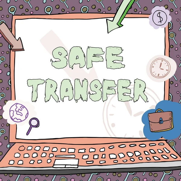 Text caption presenting Safe Transfer, Business approach Wire Transfers electronically Not paper based Transaction Poster decorated with monetary symbols displaying punctuality of employees.