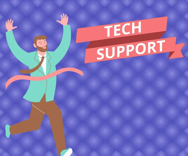 Conceptual display Tech Support, Business idea Assisting individuals who are having technical problems Gentleman In Suit Running Towards Finish Line Celebrating Success