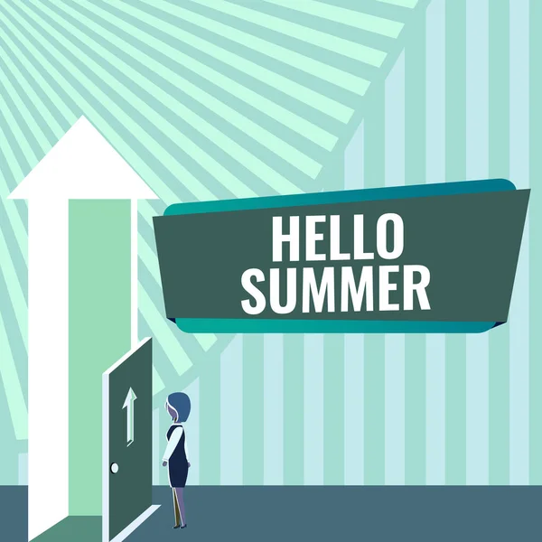 Conceptual display Hello Summer, Word for Welcoming the warmest season of the year comes after spring Lady Standing Front Of Door Opening New Opportunities For Success.