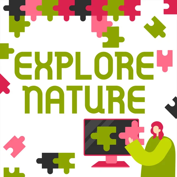 Text caption presenting Explore Nature, Business overview Reserve Campsite Conservation Expedition Safari park Lady Holding Puzzle Piece Representing Innovative Problem Solving Ideas.