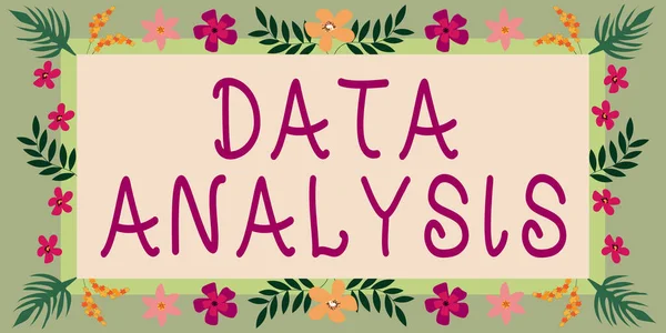 データ分析を示すテキストサイン インターネットの概念分析的な結論に数字を翻訳抽象化された近代化されたフォームの花や葉で飾られたブランクフレームを予測 — ストック写真