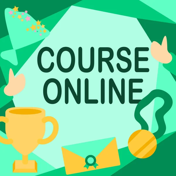 Text showing inspiration Course Online, Concept meaning eLearning Electronic Education Distant Study Digital Class People Congratulating Success Presenting Earned Trophy Medals.