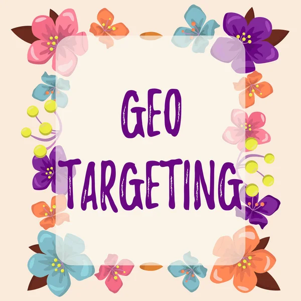 Conceptual caption Geo Targeting, Word for Digital Ads Views IP Address Adwords Campaigns Location Frame decorated with colorful flowers and foliage arranged harmoniously.