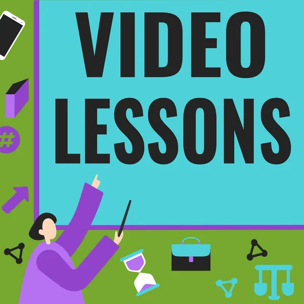 Handwriting text Video Lessons, Business approach Online Education material for a topic Viewing and learning Businessman Pointing Fingerpresentation Board Representing Planning Projects.