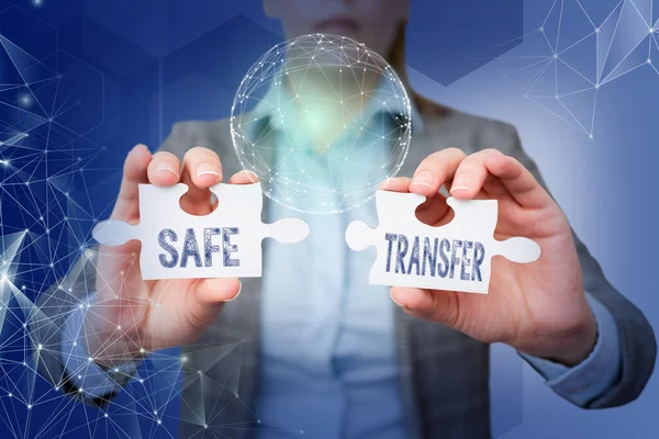 Text showing inspiration Safe Transfer, Concept meaning Wire Transfers electronically Not paper based Transaction Lady in suit holding puzzle piece symbolizing global innovative thinking.