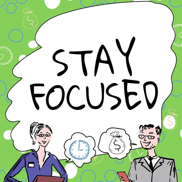 Text showing inspiration Stay Focused, Business showcase Be attentive Concentrate Prioritize the task Avoid distractions Team Members Looking At Whiteboard Brainstorming New Solutions.
