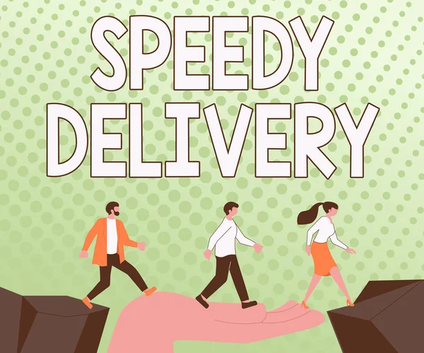 Text sign showing Speedy Delivery, Conceptual photo provide products in fast way or same day shipping overseas Colleagues Crossing Obstacles Hand Bridge Presenting Teamwork Collaboration.