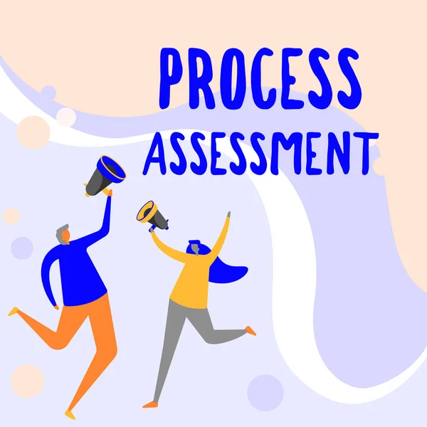 Text sign showing Process Assessment. Conceptual photo disciplined examination of the action by an organization Illustration Of Partners Jumping Around Sharing Thoughts Through Megaphone.