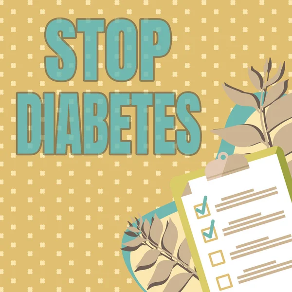 概念标题停止糖尿病 概念意思是血糖水平高于正常注射胰岛素剪贴板绘图与核对表标记的已完成项目列表 — 图库照片