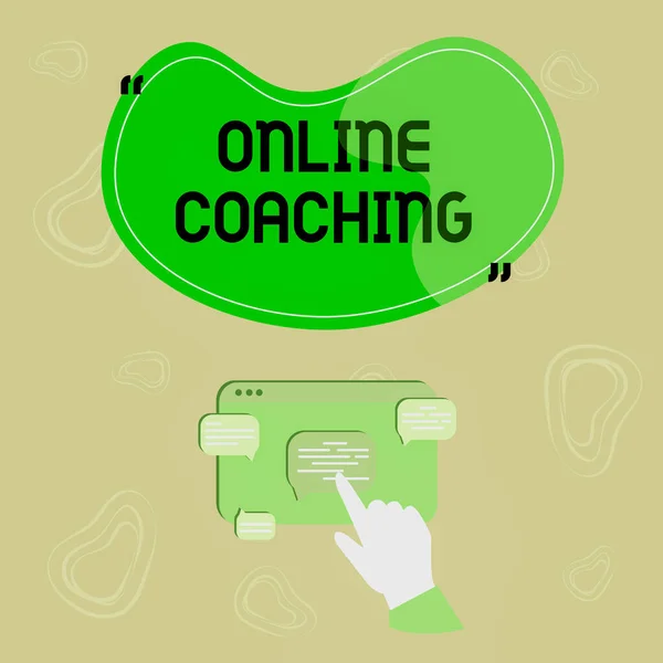 Text showing inspiration Online Coaching, Business idea Learning from online and internet with the help of a coach Hand Showing Graph Growth Pointing Web Browser Screen.