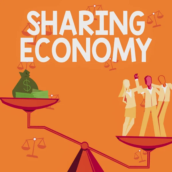 Conceptual caption Sharing Economy, Business showcase economic model based on providing access to goods Colleagues achieving teamwork accomplishing successful financial gain.
