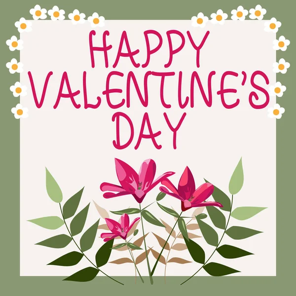 幸せなバレンタインデーを示すテキストキャプション カラフルな花や葉で飾られたフレームを表現するために恋人の日を意味する概念調和のとれた配置 — ストック写真