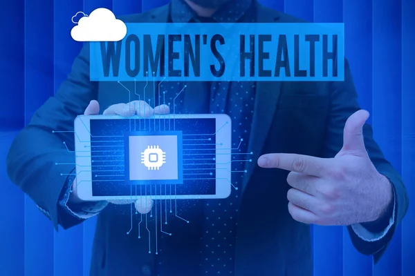 Text showing inspiration Women S Health, Business concept Women s is physical health consequence avoiding illness Man holding Screen Of Mobile Phone Showing The Futuristic Technology.
