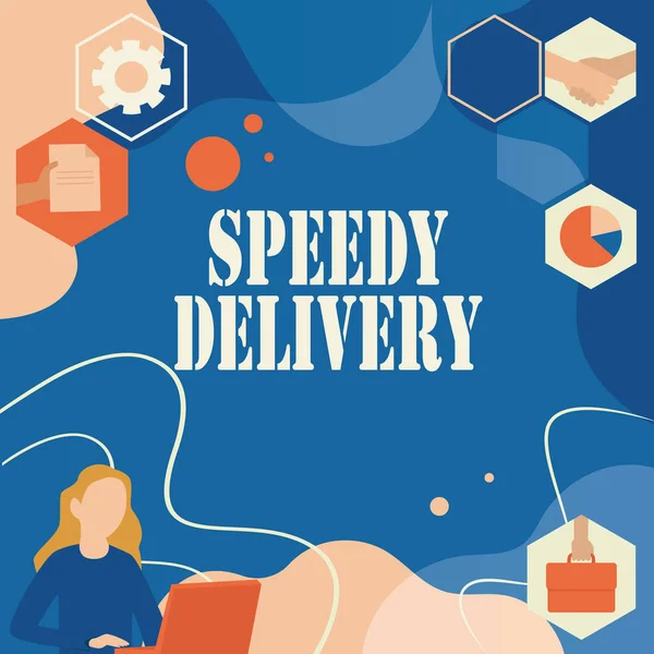 Text sign showing Speedy Delivery, Word for provide products in fast way or same day shipping overseas Woman Innovative Thinking Leading Ideas Towards Stable Future.