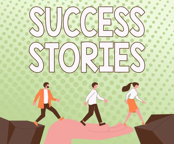 Text caption presenting Success Stories, Business showcase life of rule models from how he started to his death Colleagues Crossing Obstacles Hand Bridge Presenting Teamwork Collaboration.