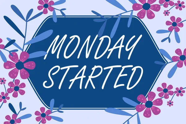 Handwriting text Monday Started, Word for getting ready for new week Rest is over lets begin work Blank Frame Decorated With Abstract Modernized Forms Flowers And Foliage.