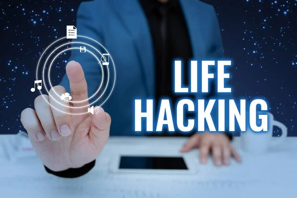 Text sign showing Life Hacking, Business approach Simple and clever techniques in accomplishing task easily Businessman in suit pointing upwards representing innovative thinking.