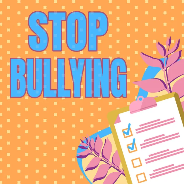 Writing displaying text Stop Bullying, Internet Concept Fight and Eliminate this Aggressive Unacceptable Behavior Clipboard Drawing With Checklist Marked Done Items On List.