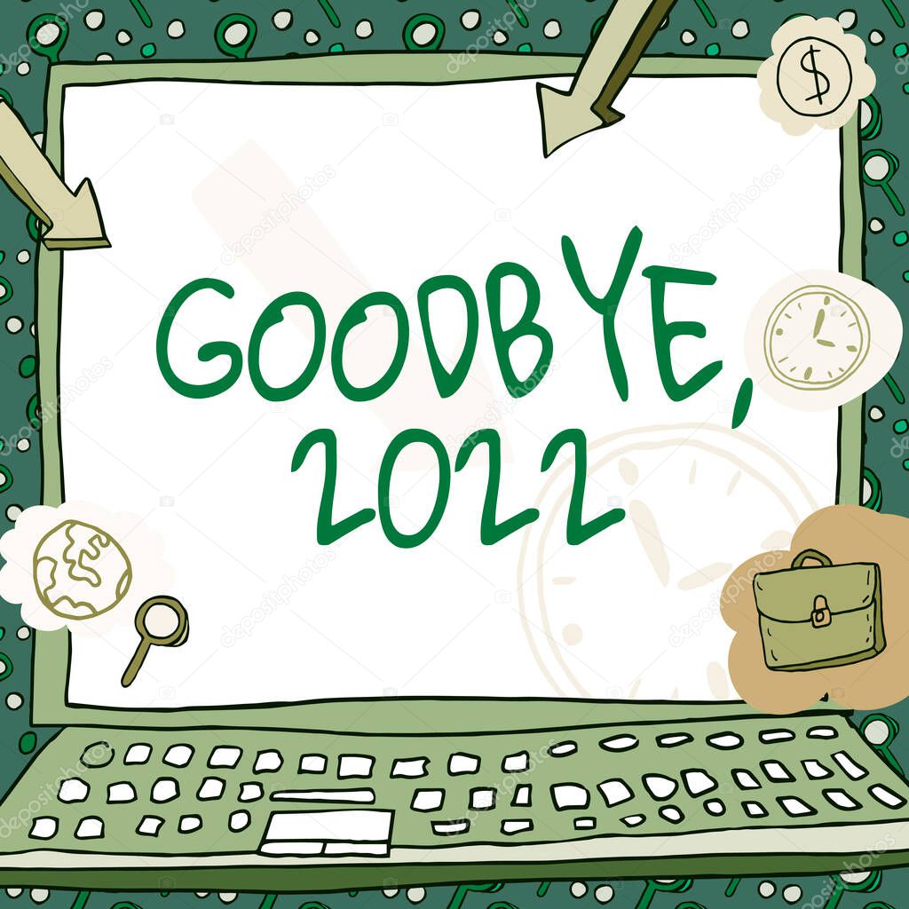 Text caption presenting Goodbye 2022, Business overview New Year Eve Milestone Last Month Celebration Transition Poster decorated with monetary symbols displaying punctuality of employees.