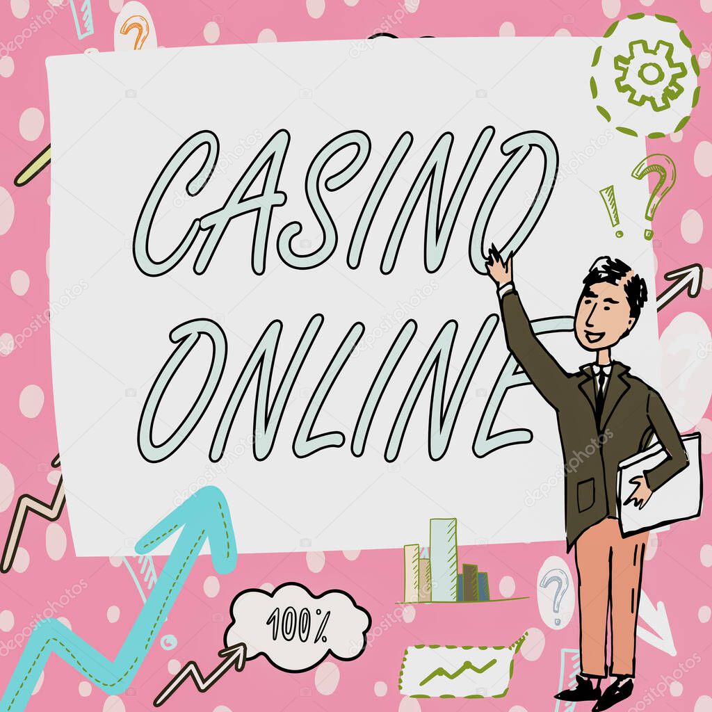 Conceptual caption Casino Online, Business overview Computer Poker Game Gamble Royal Bet Lotto High Stakes Gentleman Drawing Standing Pointing Finger In Blank Whiteboard.