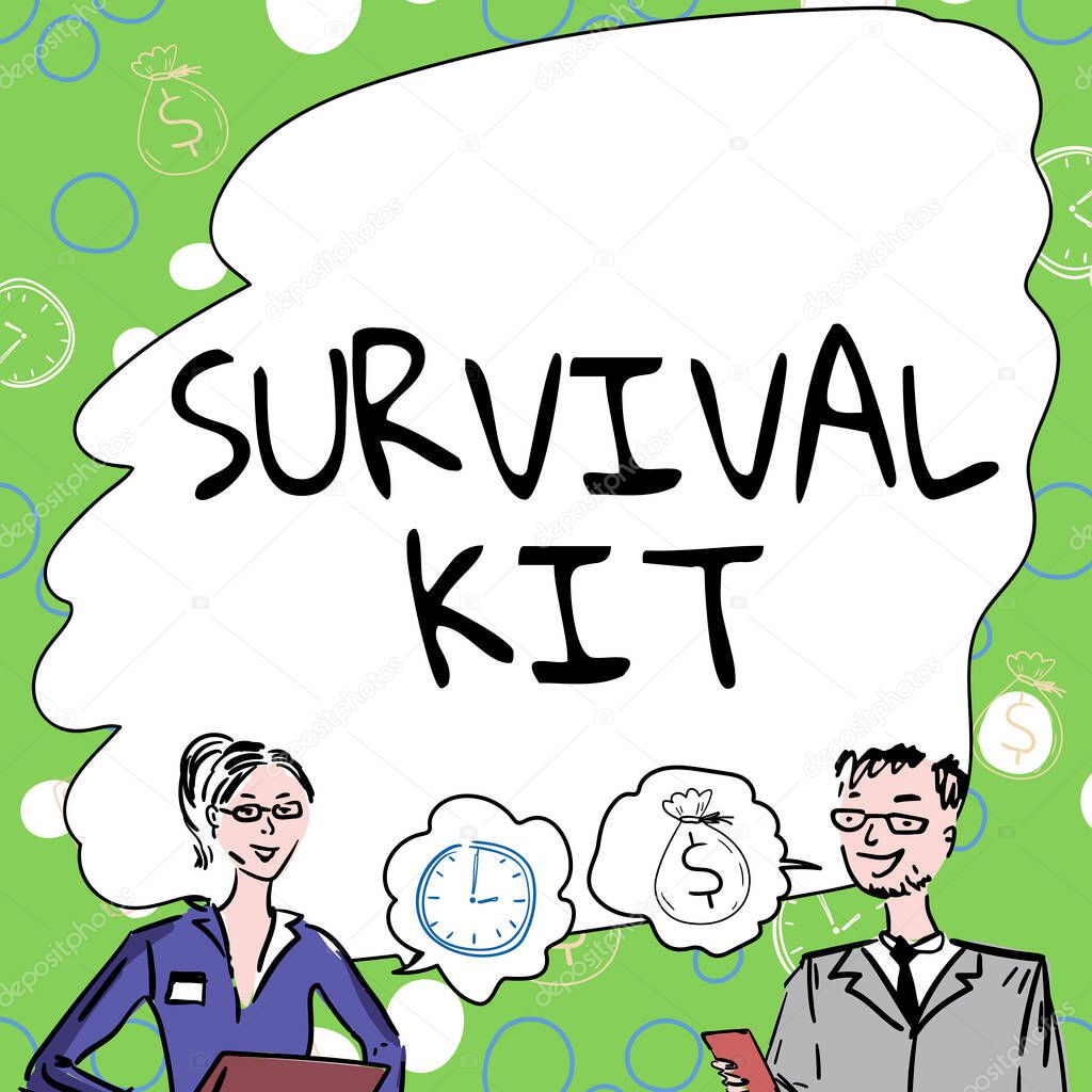 Handwriting text Survival Kit, Internet Concept Emergency Equipment Collection of items to help someone Team Members Looking At Whiteboard Brainstorming New Solutions.