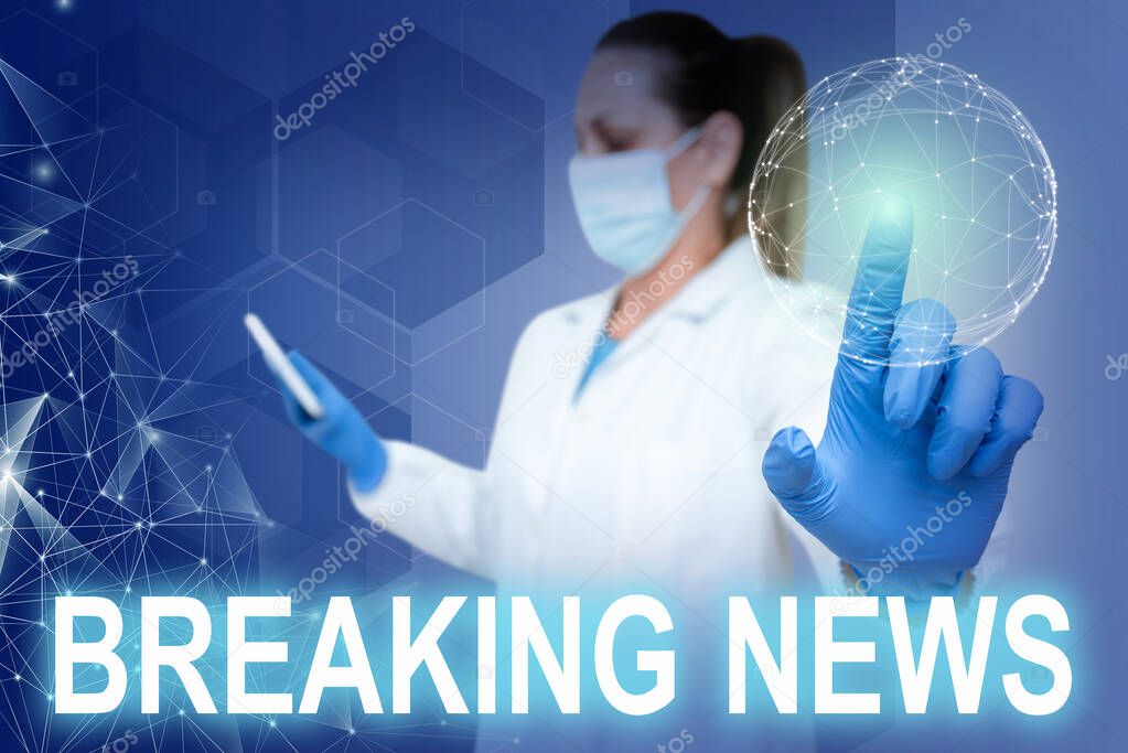 Hand writing sign Breaking News, Internet Concept Special Report Announcement Happening Current Issue Flashnews Nurse in uniform pointing upwards represents global innovative thinking.